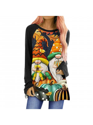 Womens Halloween Pumpkin Bat Long Sleeve T-Shirt Tunic Blouse Pullover Tops