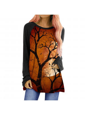 Womens Halloween Pumpkin Bat Long Sleeve T-Shirt Tunic Blouse Pullover Tops