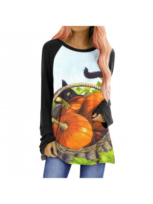 Womens Halloween Pumpkin Bat Long Sleeve T-Shirt Tunic Blouse Pullover Tops