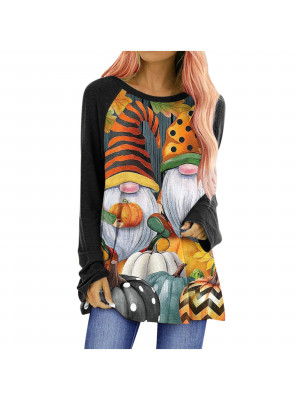 Womens Halloween Pumpkin Bat Long Sleeve T-Shirt Tunic Blouse Pullover Tops