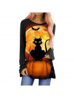 Womens Halloween Pumpkin Bat Long Sleeve T-Shirt Tunic Blouse Pullover Tops