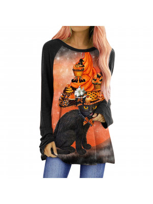 Womens Halloween Pumpkin Bat Long Sleeve T-Shirt Tunic Blouse Pullover Tops