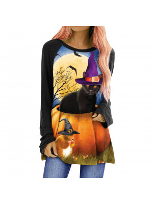 Womens Halloween Pumpkin Bat Long Sleeve T-Shirt Tunic Blouse Pullover Tops