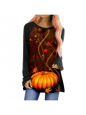 Womens Halloween Pumpkin Bat Long Sleeve T-Shirt Tunic Blouse Pullover Tops