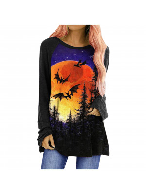 Womens Halloween Pumpkin Bat Long Sleeve T-Shirt Tunic Blouse Pullover Tops