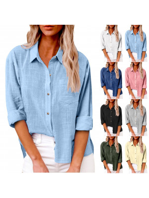 Womens Cotton Linen Plain Blouse Tops Ladies Long Sleeve Casual Baggy T-Shirt