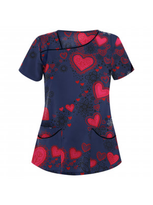 Women Floral Print Scrubs V-Neck Top Work Uniform Casual Nurse Blouse T-shirt