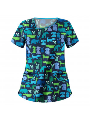 Women Floral Print Scrubs V-Neck Top Work Uniform Casual Nurse Blouse T-shirt