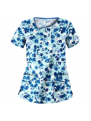 Women Floral Print Scrubs V-Neck Top Work Uniform Casual Nurse Blouse T-shirt