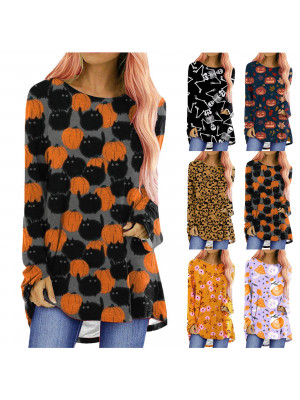 Womens Causal Print Tunic Tops Long Sleeve Blouse Ladies Baggy Halloween T Shirt