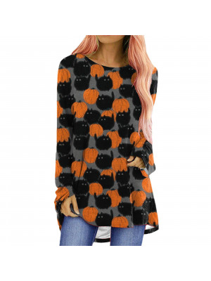 Womens Causal Print Tunic Tops Long Sleeve Blouse Ladies Baggy Halloween T Shirt