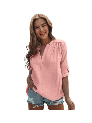 Womens Plain V Neck Tops Ladies Long Sleeve Casual Loose Blouse T Shirt Pullover