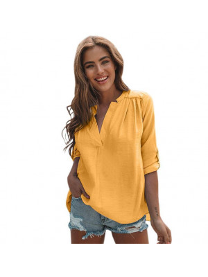 Womens Plain V Neck Tops Ladies Long Sleeve Casual Loose Blouse T Shirt Pullover