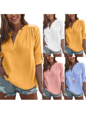 Womens Plain V Neck Tops Ladies Long Sleeve Casual Loose Blouse T Shirt Pullover