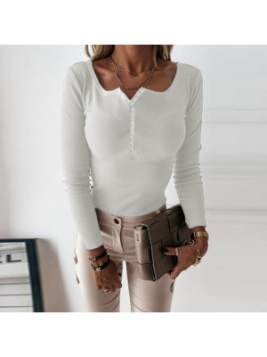 Womens Long Sleeve Henley Neck Rib Blouse Slim Fit Pullover Jumper Tops T-Shirt