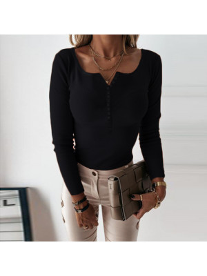 Womens Long Sleeve Henley Neck Rib Blouse Slim Fit Pullover Jumper Tops T-Shirt