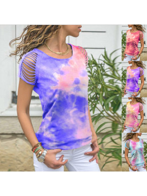 Women Summer Cold Shoulder T-Shirt Ladies Tie Dye Casual Loose Tee Tops Blouse