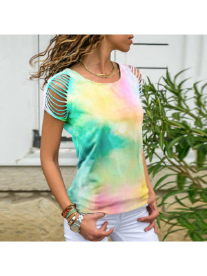 Women Summer Cold Shoulder T-Shirt Ladies Tie Dye Casual Loose Tee Tops Blouse