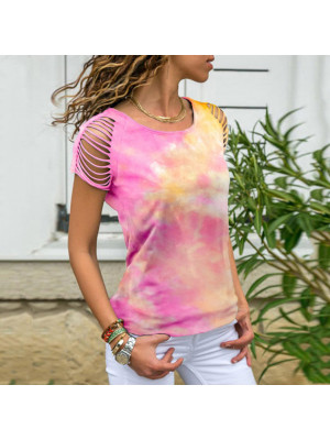 Women Summer Cold Shoulder T-Shirt Ladies Tie Dye Casual Loose Tee Tops Blouse