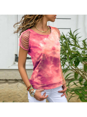 Women Summer Cold Shoulder T-Shirt Ladies Tie Dye Casual Loose Tee Tops Blouse