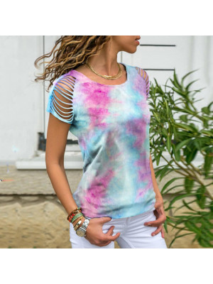 Women Summer Cold Shoulder T-Shirt Ladies Tie Dye Casual Loose Tee Tops Blouse