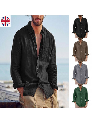 Men's Cotton Linen Style Casual Tops Retro Solid Lapel Shirt Loose Dress T-Shirt