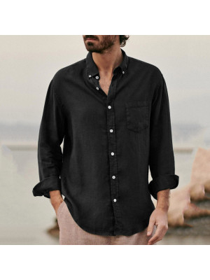 Men's Cotton Linen Style Casual Tops Retro Solid Lapel Shirt Loose Dress T-Shirt