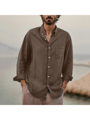 Men's Cotton Linen Style Casual Tops Retro Solid Lapel Shirt Loose Dress T-Shirt