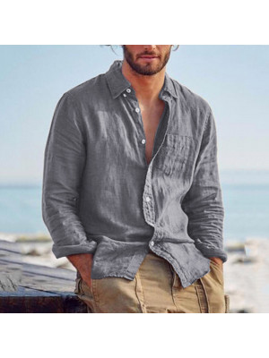 Men's Cotton Linen Style Casual Tops Retro Solid Lapel Shirt Loose Dress T-Shirt