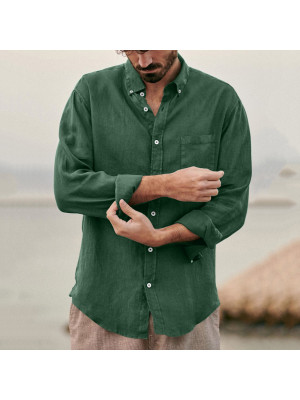 Men's Cotton Linen Style Casual Tops Retro Solid Lapel Shirt Loose Dress T-Shirt