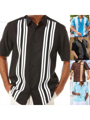 Mens Short Sleeve Lapel Summer Loose Shirt Print Casual Stripe Dress Blouse Tops