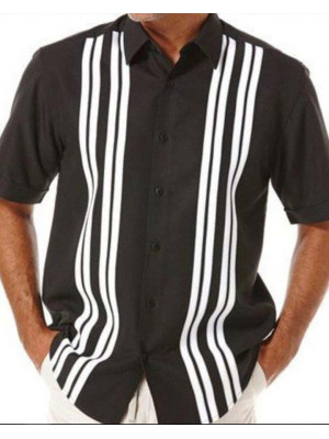 Mens Short Sleeve Lapel Summer Loose Shirt Print Casual Stripe Dress Blouse Tops