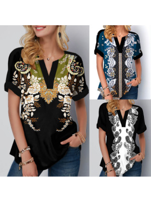 Womens Print Summer Tunic Short Sleeve T Shirt Ladies Plus Size V Neck Tops Tee