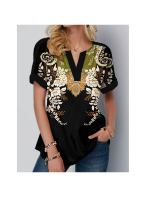 Womens Print Summer Tunic Short Sleeve T Shirt Ladies Plus Size V Neck Tops Tee