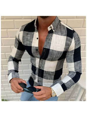 Mens V Neck Long Sleeve Shirt Plaid Print Button-down Blouse Casual T Shirt Tops