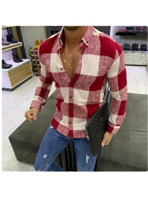 Mens V Neck Long Sleeve Shirt Plaid Print Button-down Blouse Casual T Shirt Tops