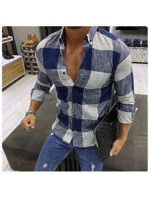 Mens V Neck Long Sleeve Shirt Plaid Print Button-down Blouse Casual T Shirt Tops