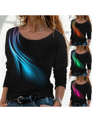 Women Print Crew Neck Pullover T Shirt Ladies Long Sleeve Blouse Casual Tops