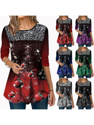 Christmas Womens Crew Neck Print T Shirt Ladies Long Sleeve Blouse Tunic Tops