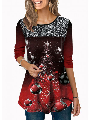 Christmas Womens Crew Neck Print T Shirt Ladies Long Sleeve Blouse Tunic Tops