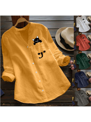 Womens Casual T Shirt Cotton Linen Button Tops Ladies Loose V Neck Print Blouse