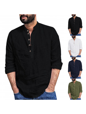 Mens Cotton Linen Blouse Long Sleeve Plain Baggy Button Casual Dress Shirt Tops