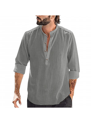 Mens Cotton Linen Blouse Long Sleeve Plain Baggy Button Casual Dress Shirt Tops