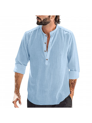 Mens Cotton Linen Blouse Long Sleeve Plain Baggy Button Casual Dress Shirt Tops