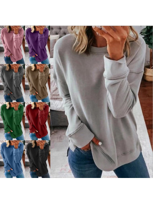 Womens Crew Neck Pullover T Shirt Ladies Long Sleeve Tops Casual Loose Blouse