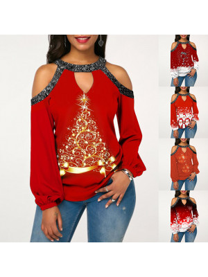 Womens Christmas Print T Shirt Lady Xmas Long Sleeve Blouse Causal Pullover Tops