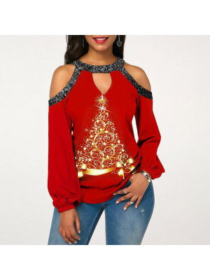 Womens Christmas Print T Shirt Lady Xmas Long Sleeve Blouse Causal Pullover Tops