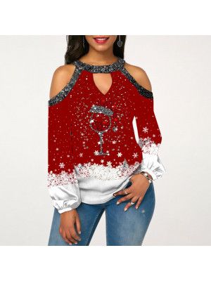 Womens Christmas Print T Shirt Lady Xmas Long Sleeve Blouse Causal Pullover Tops