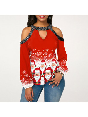 Womens Christmas Print T Shirt Lady Xmas Long Sleeve Blouse Causal Pullover Tops