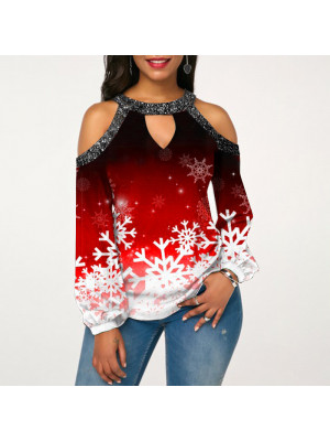 Womens Christmas Print T Shirt Lady Xmas Long Sleeve Blouse Causal Pullover Tops